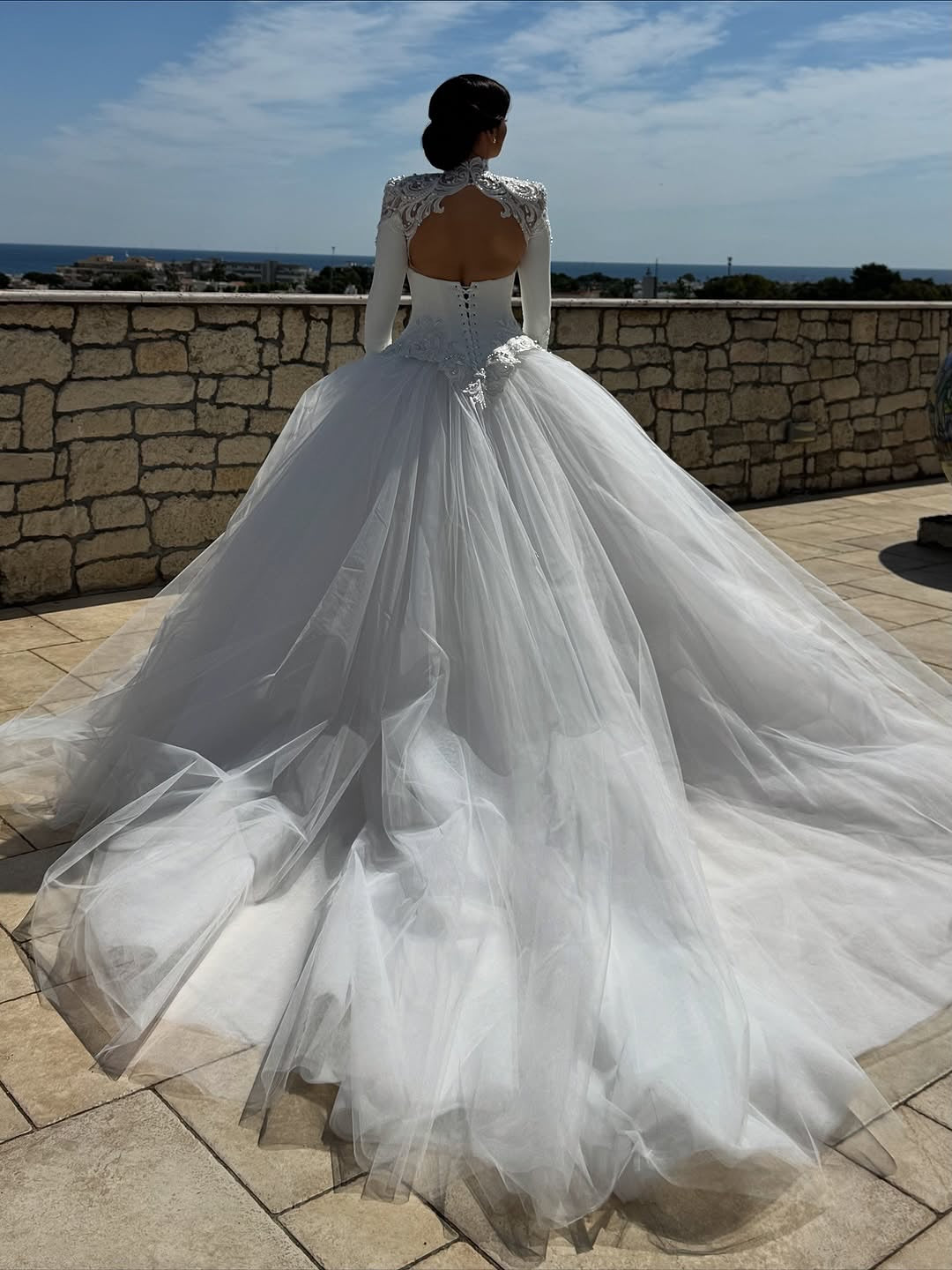 High Neck Lace Long Sleeve Ball Gown Wedding Dress
