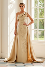 One-Shoulder Floral Appliqué Evening Gown