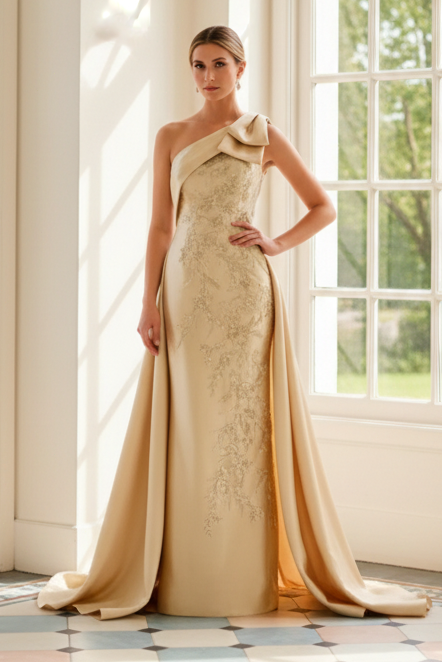 One-Shoulder Floral Appliqué Evening Gown