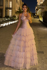 Halter Neck Tiered Fringe Floor-Length Gown