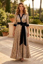 Sequin A-Line Gown with Velvet Trim and Bow