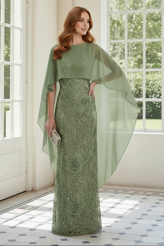 Embroidered Cape Sheath Evening Gown