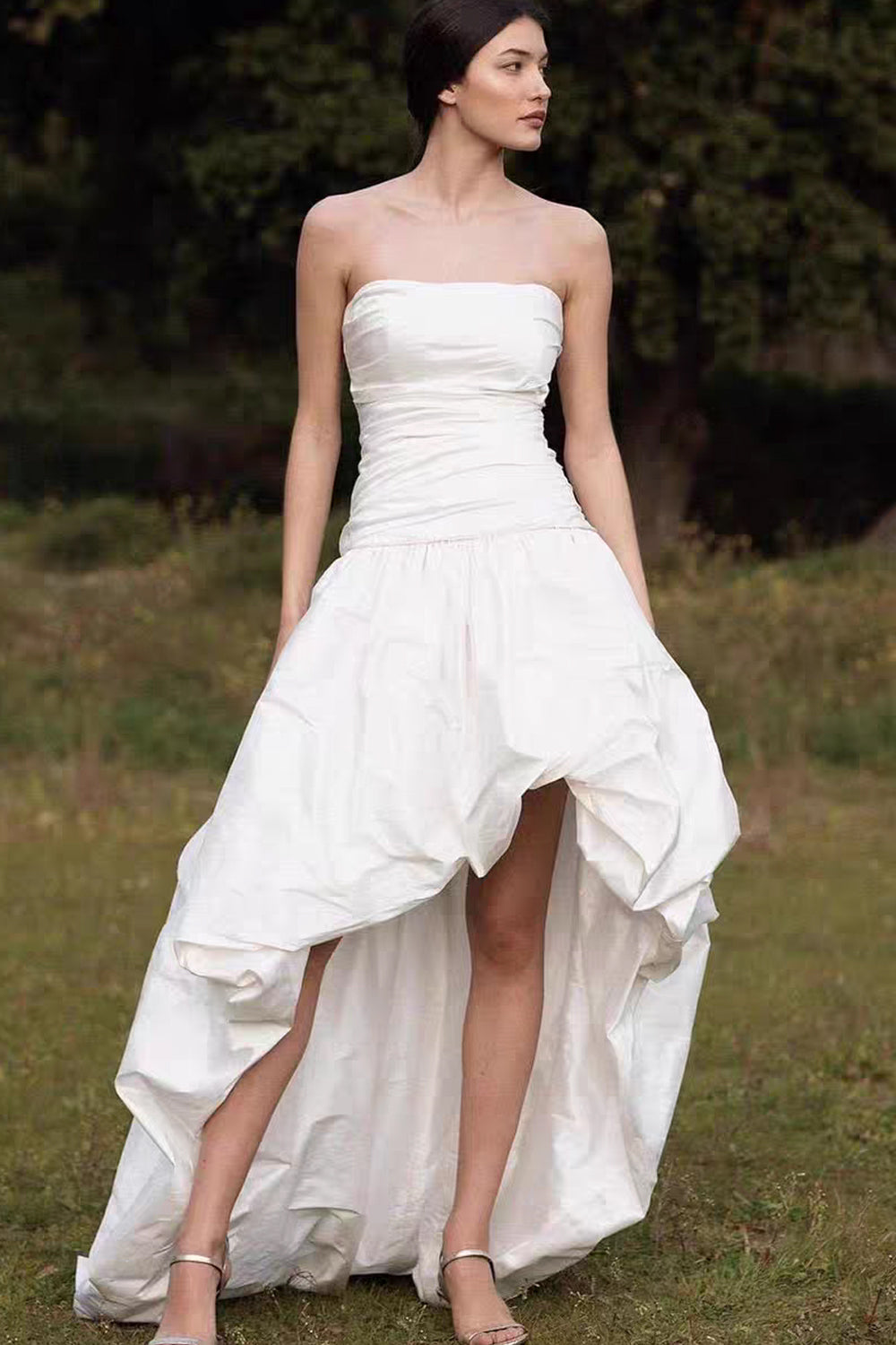Strapless Ruched High-Low Wedding Dress with Train