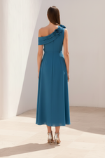 One-Shoulder Pleated Midi Dress with 3D Flowers