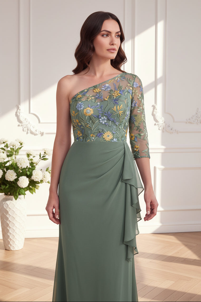 One-Shoulder Embroidered Evening Gown