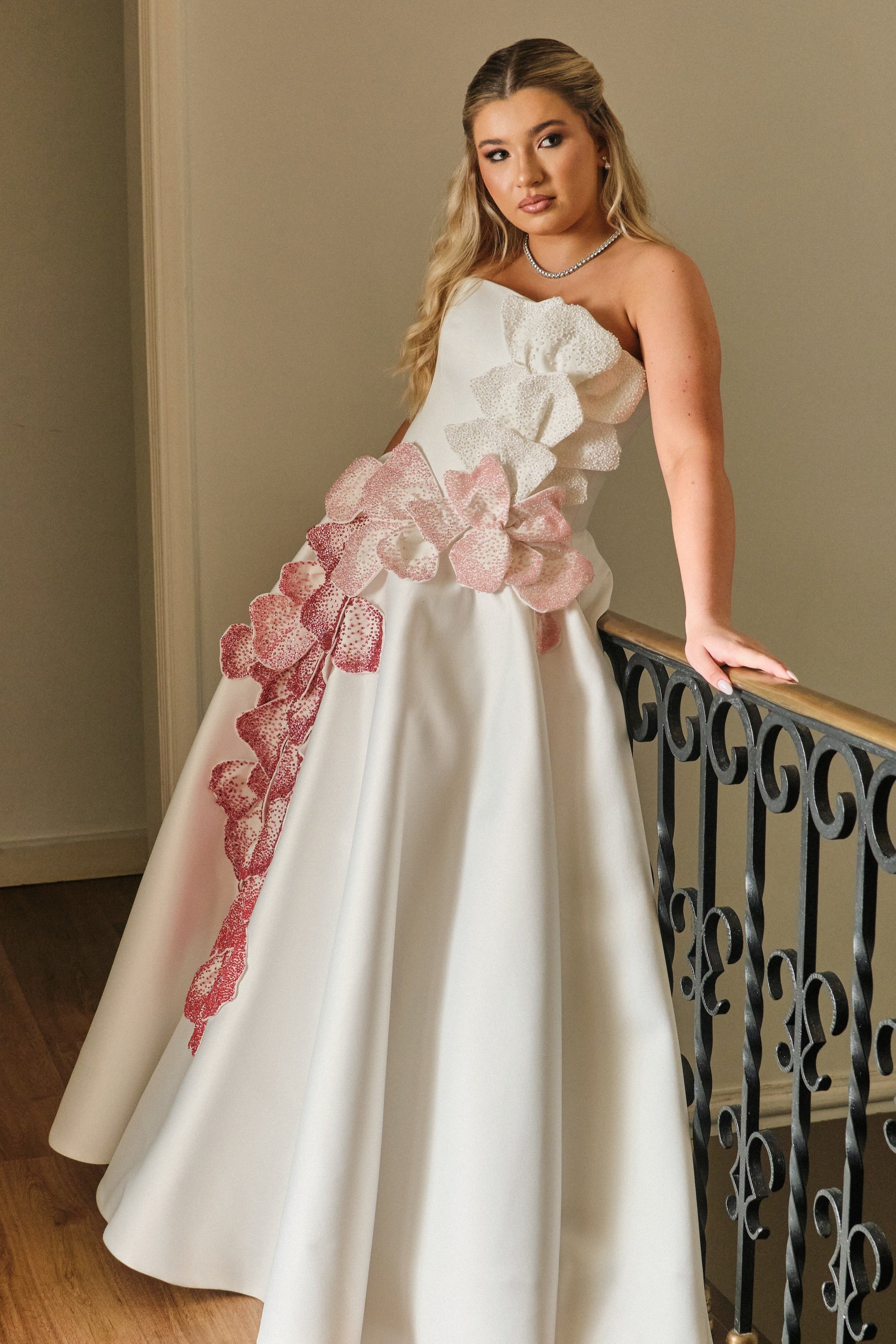 Strapless Floral Applique Ball Gown with Pockets