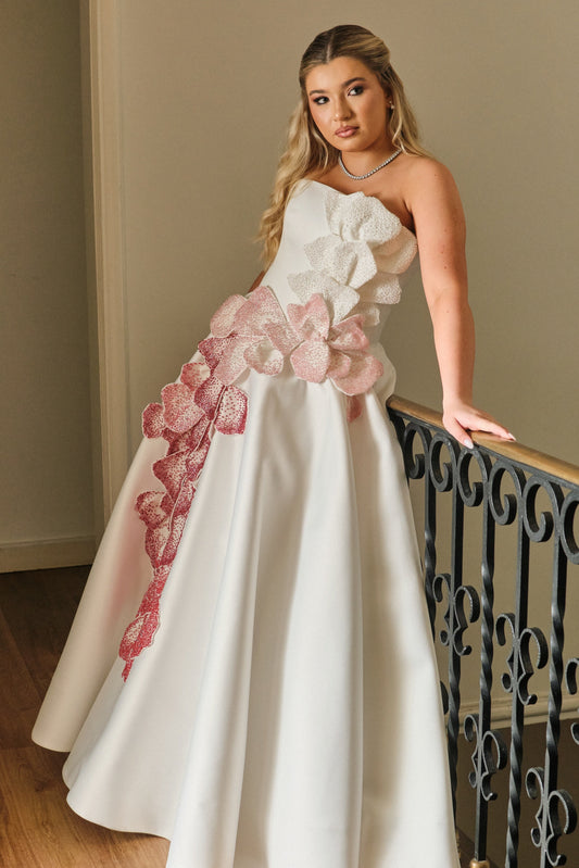 Strapless Floral Applique Ball Gown with Pockets