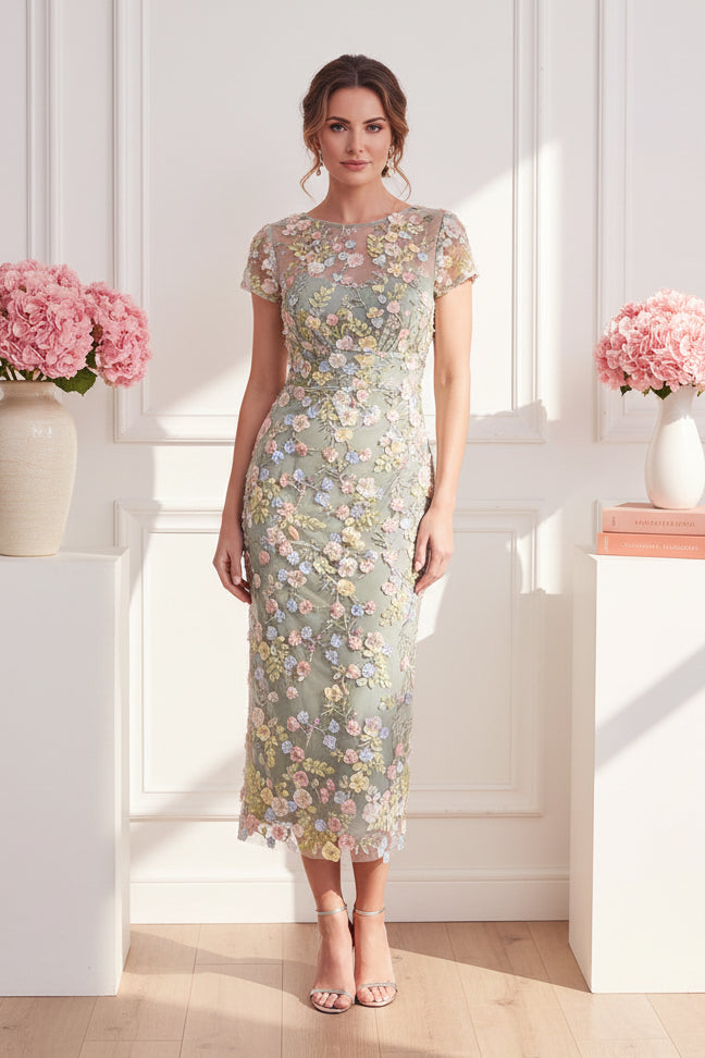 3D Floral Illusion Midi Sheath Dress