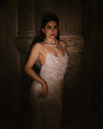 Cowl Neck Lace Slip Wedding Dress with Sweep Train