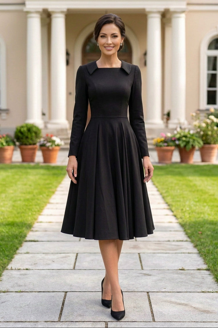 Collared Long-Sleeve Pleated Midi Dress