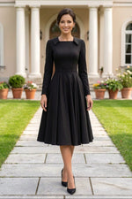 Collared Long-Sleeve Pleated Midi Dress