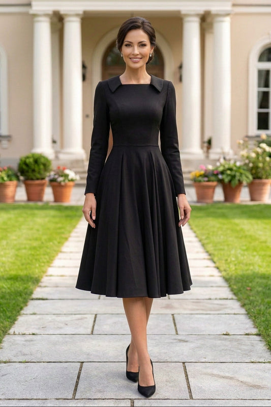 Collared Long-Sleeve Pleated Midi Dress