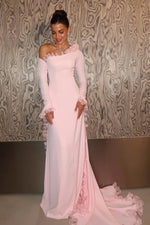 Asymmetrical Ruffle Trim Evening Gown with Train