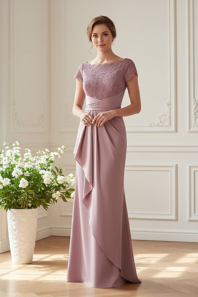 Lace Bodice Floor-Length Gown with Side Drape