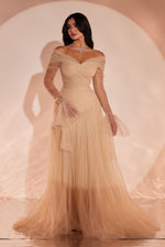 Off-the-Shoulder Ruched Tulle Evening Gown