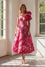 Floral Print Satin Tea-Length Dress with Rosette Shoulder