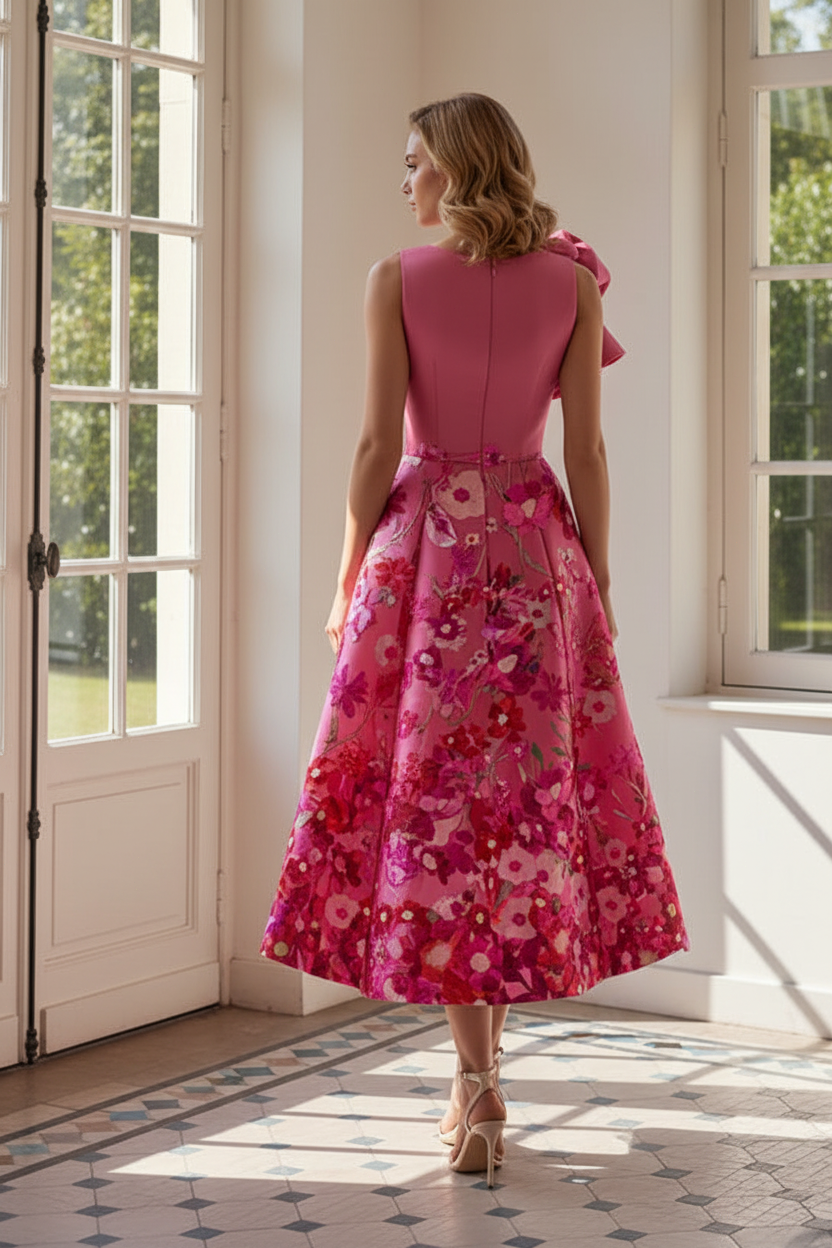 Floral Print Satin Tea-Length Dress with Rosette Shoulder