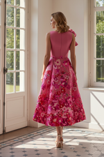 Floral Print Satin Tea-Length Dress with Rosette Shoulder