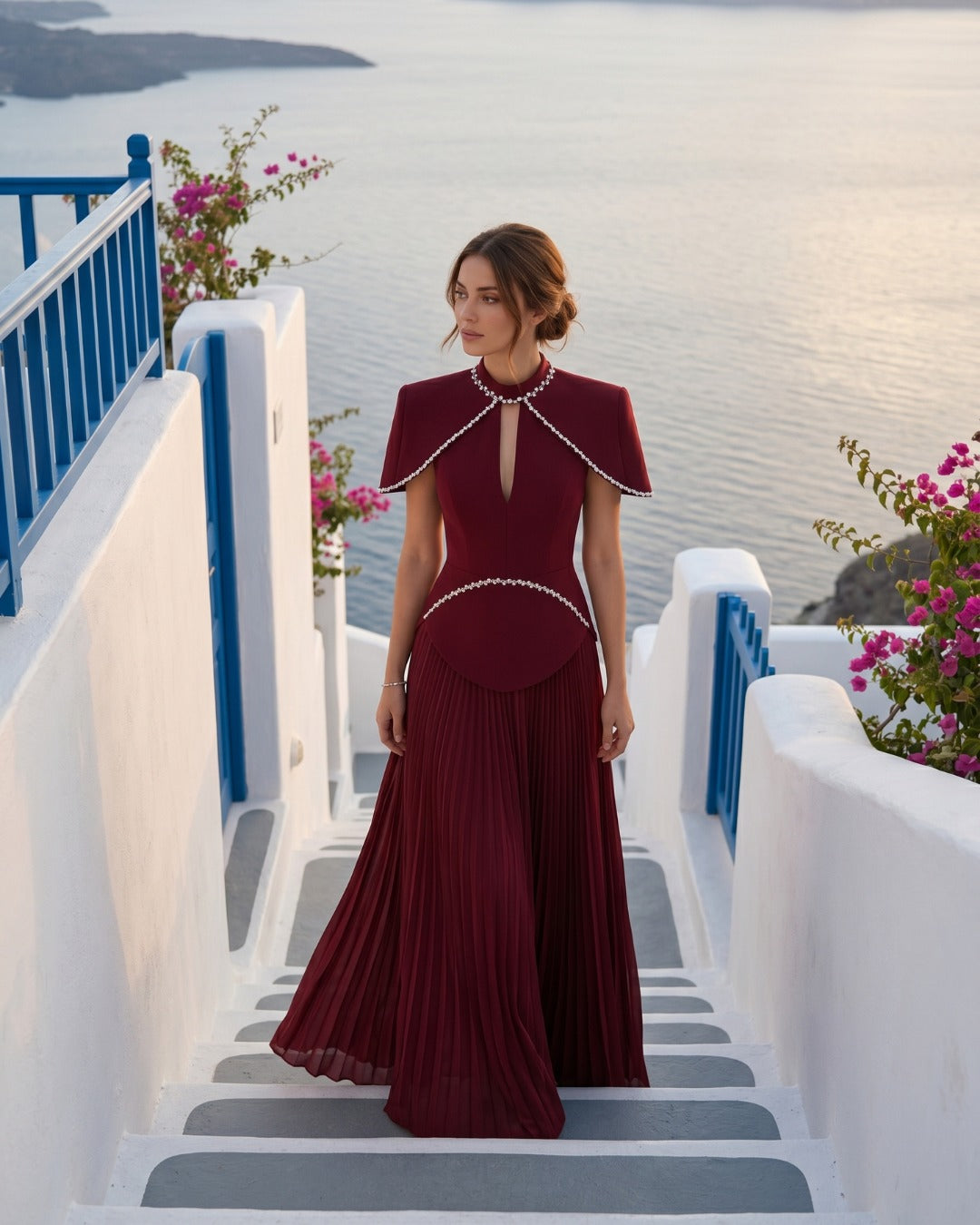 High Neck Keyhole Pleated Two-Piece Gown