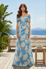 Off-the-Shoulder Floral Jacquard Evening Gown