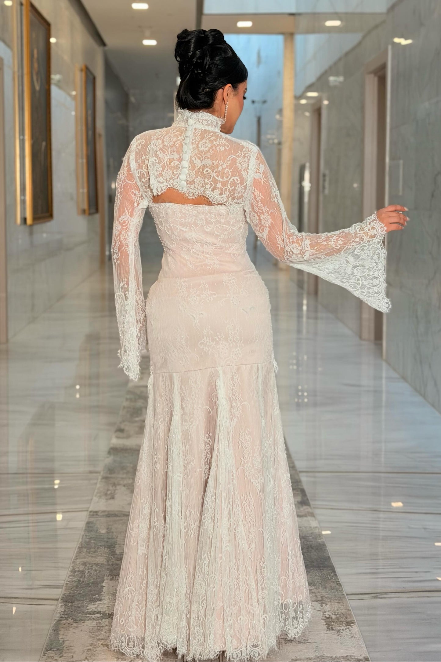 High-Neck Lace Trumpet Gown with Long Flare Sleeves