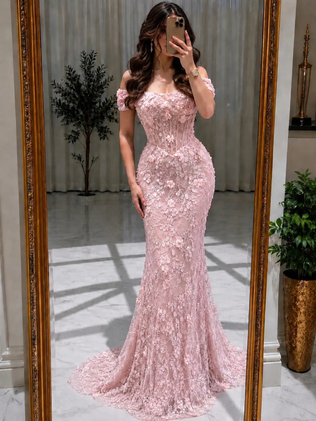 Off-the-Shoulder Corset 3D Floral Mermaid Gown