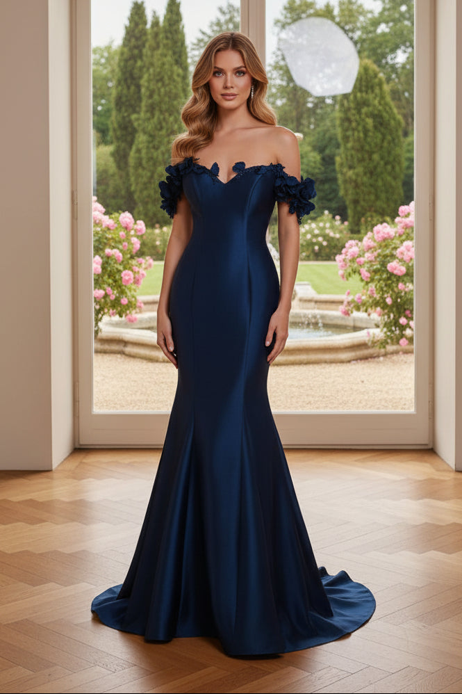 Off-the-Shoulder Floral Applique Mermaid Gown