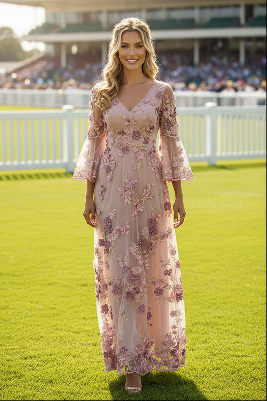 Floral Embroidered Bell Sleeve Mesh Maxi Dress