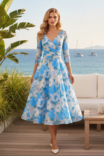 Floral Print Tea-Length Dress with 3/4 Illusion Sleeves