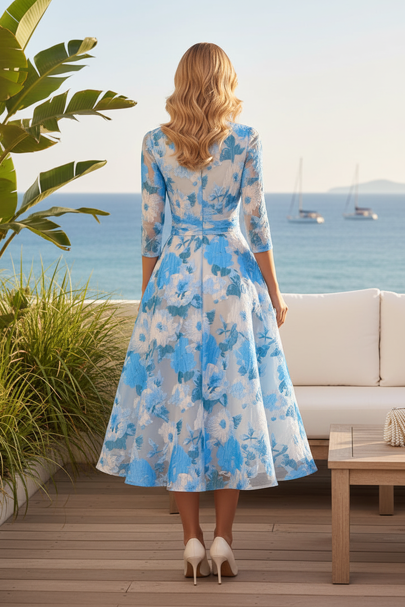 Floral Print Tea-Length Dress with 3/4 Illusion Sleeves