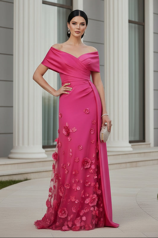Off-Shoulder Floral Applique Evening Gown