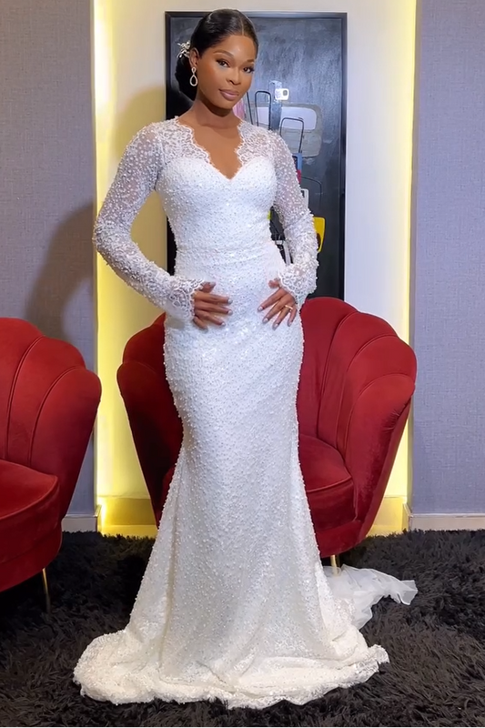 Long Sleeve Pearls Mermaid Wedding Dress