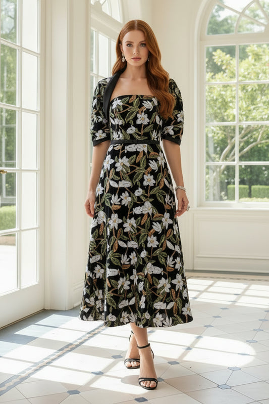 Floral Sequin Velvet Midi Dress with Bolero Set