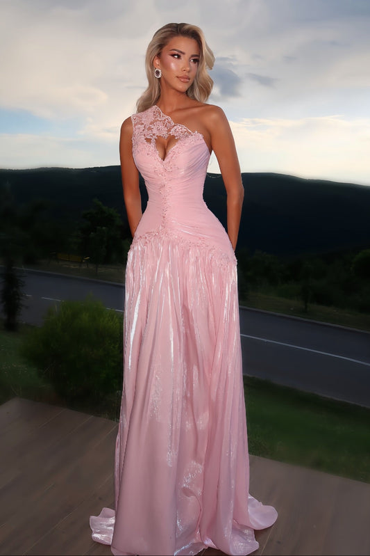 One-Shoulder Lace Evening Gown with Keyhole