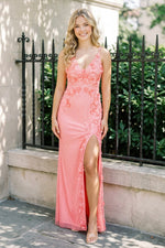 3D Floral Applique Slit Gown with Low Back