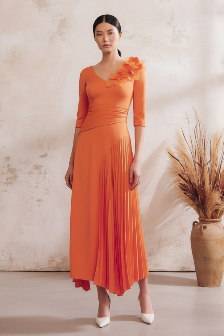 Asymmetrical Pleated Midi Dress with 3D Flowers