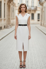 V-Neck Cap Sleeve Sheath Midi Dress with Front Slit