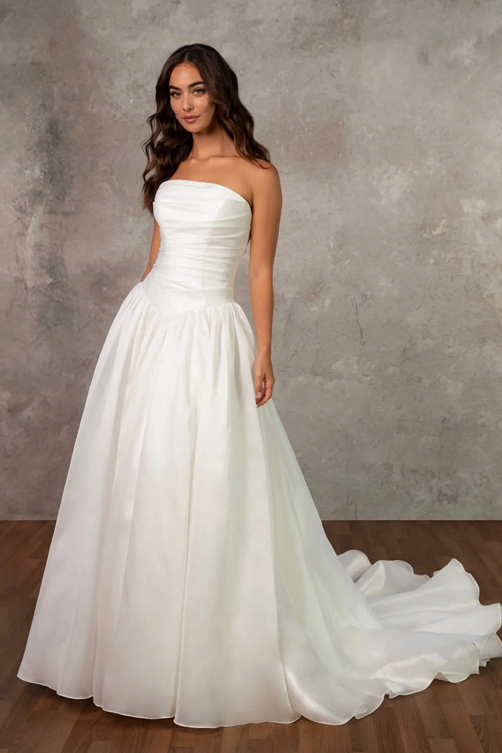 Strapless Pleated Ball Gown with Lace-Up Back