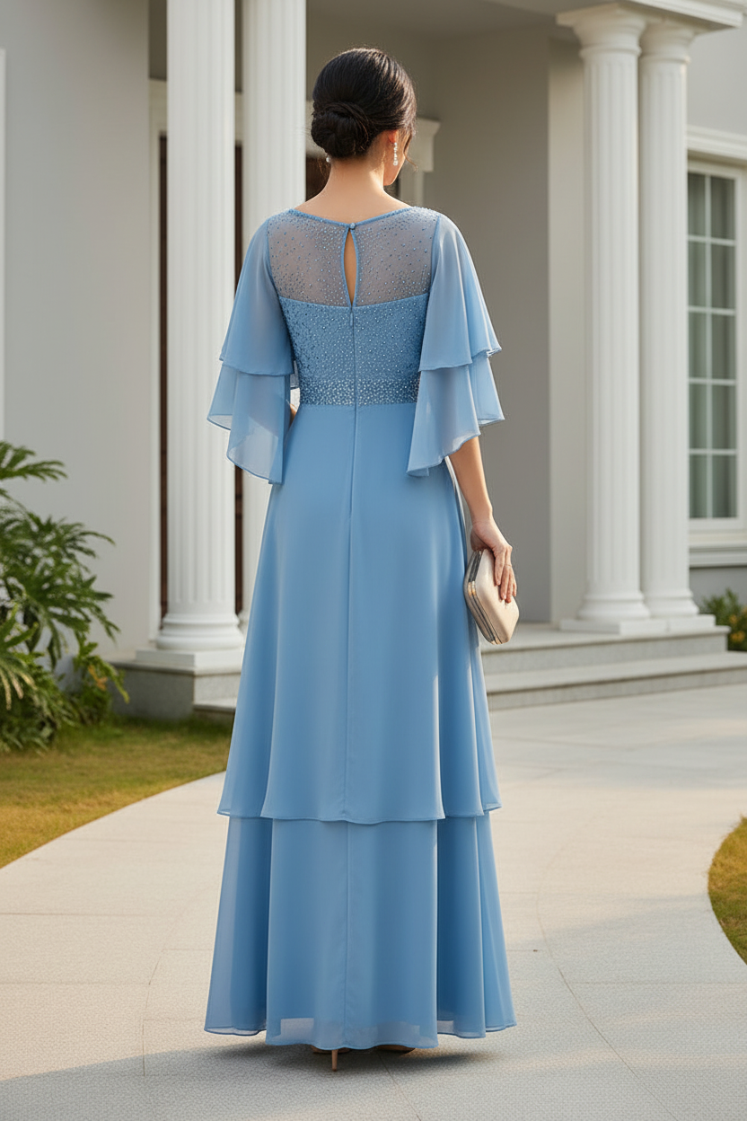 Beaded Illusion Cape Sleeve Evening Gown