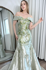 Off Shoulder Mermaid Gown with Floral Jacquard Print