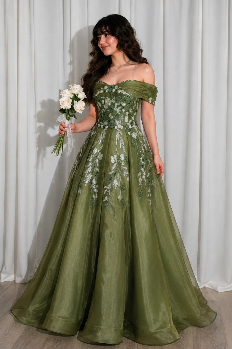 Floral Embroidered Off-the-Shoulder A-Line Gown