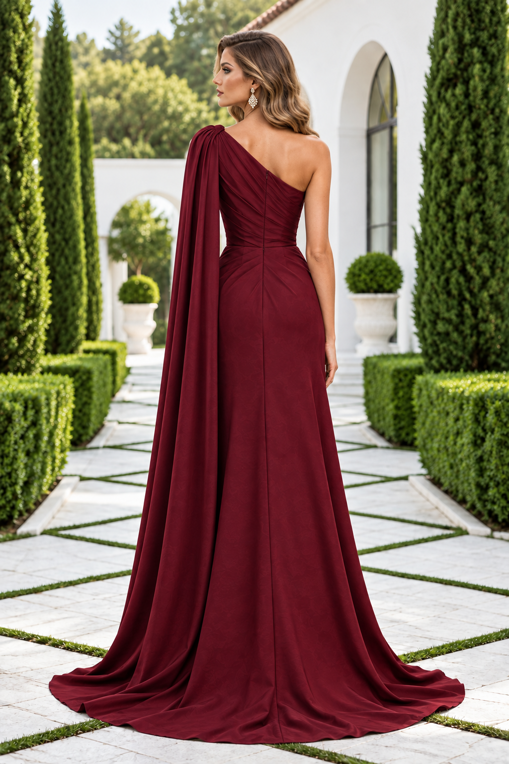 One-Shoulder Cape Evening Gown with Pleated Insert