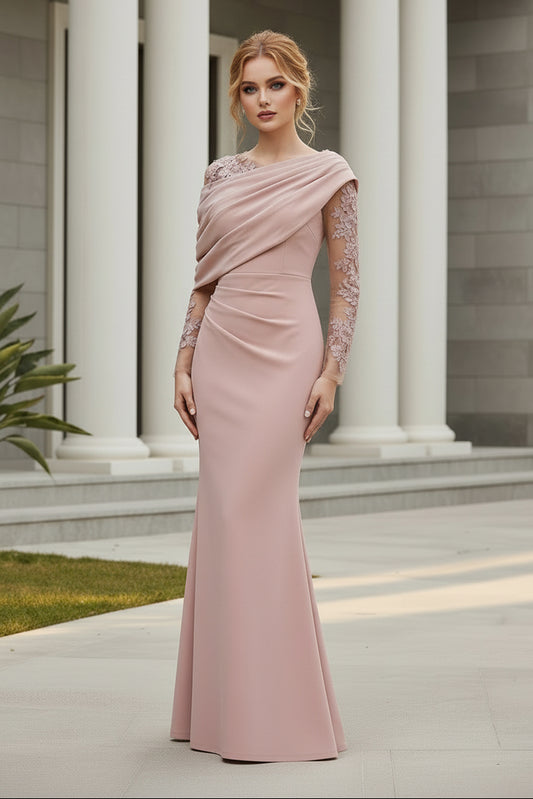 Draped One Shoulder Illusion Sleeve Mermaid Gown