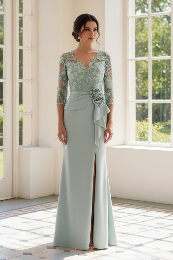 Lace 3/4 Sleeve Peplum Gown with Slit