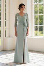 Lace 3/4 Sleeve Peplum Gown with Slit
