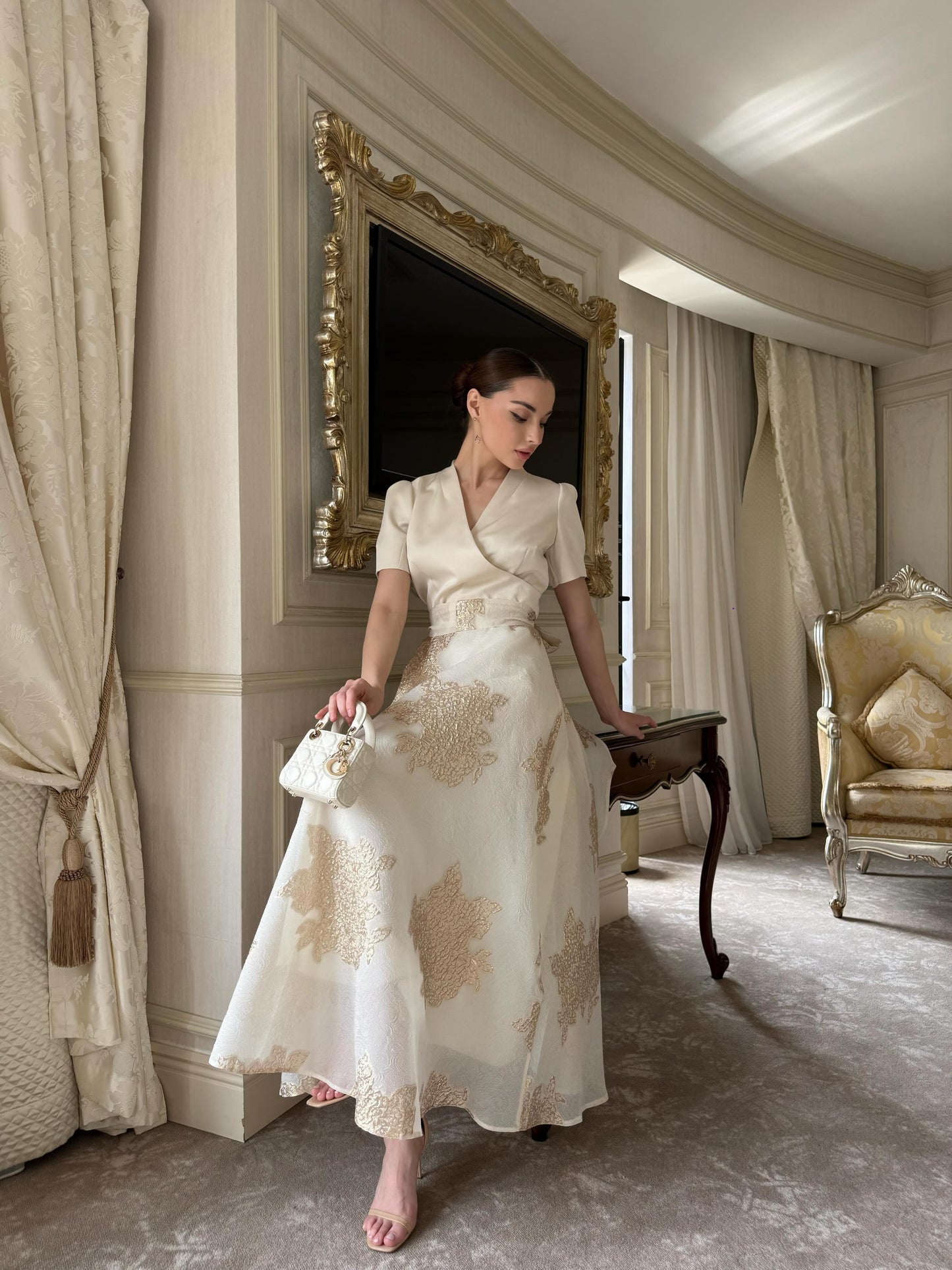A-Line Wrap Bodice Midi Dress with Floral Appliques