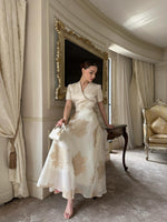 A-Line Wrap Bodice Midi Dress with Floral Appliques