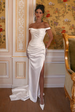 Off-the-Shoulder Ruched Satin Corset Wedding Dress
