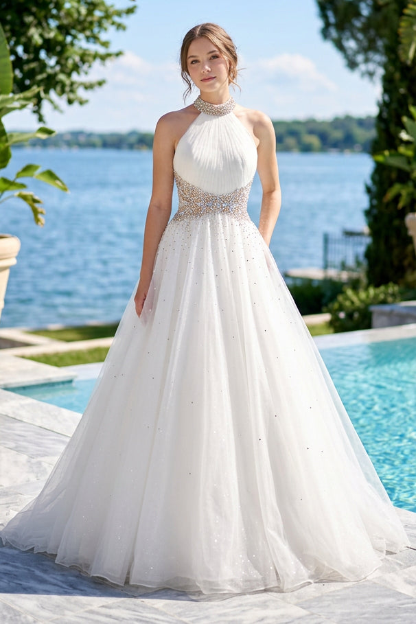 Beaded Halter A-Line Gown with Train