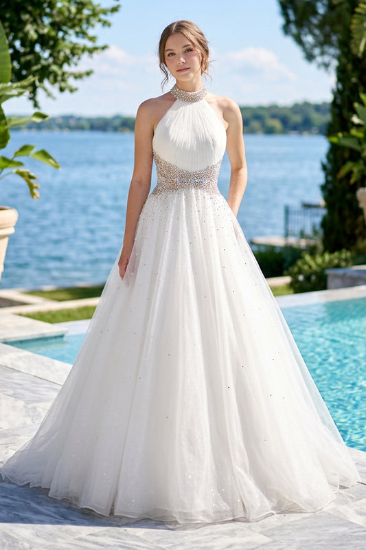 Beaded Halter A-Line Gown with Train